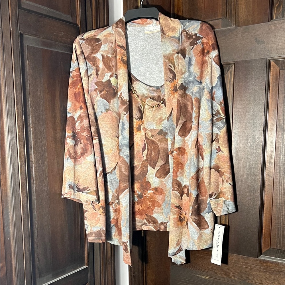 Alfred Dunner Floral Cardigan in Brown and Gray